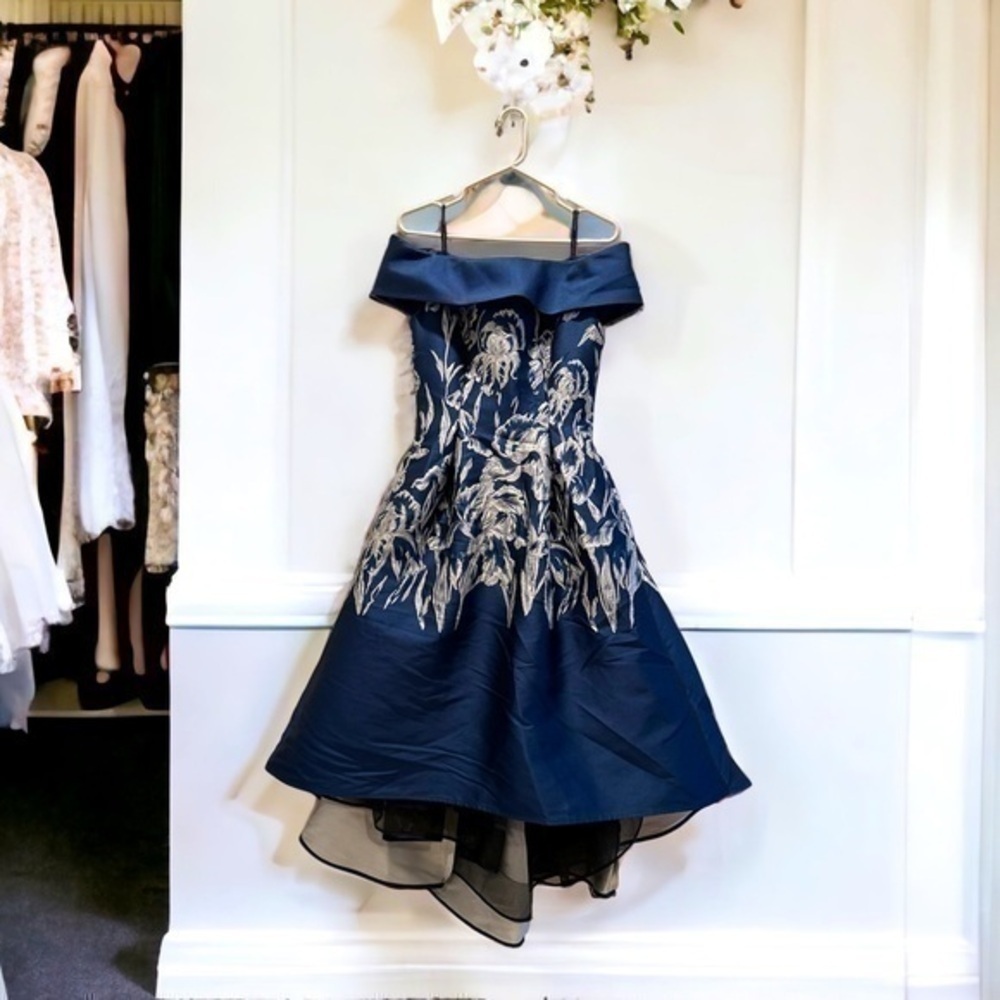 Frascara 3850 Navy Blue Silk Blend Floral Jacquard Hi-Lo Off Shoulder Dress 6 - Picture 2 of 10